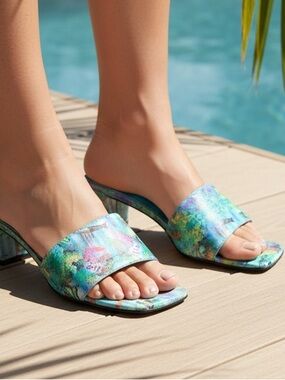 ANN MARINO | NEW Vintage Blue Multi Holographic Ocean Life Slide Sandals 9 Heels